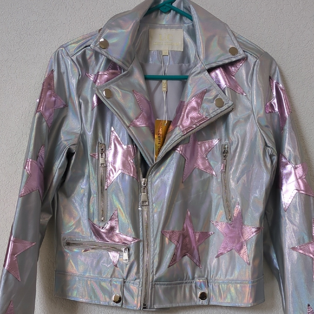 Holographic Silver and Pink Star Leather Jacket